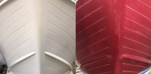 Boat hull before and after bottom-paint application