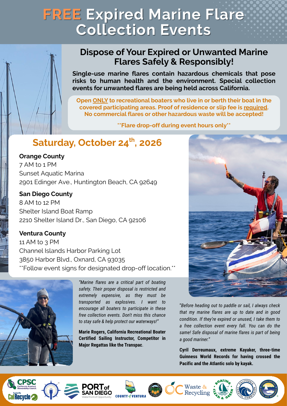 Free expired marine flare collection events on October 24, 2026; view PDF for full locations and requirements